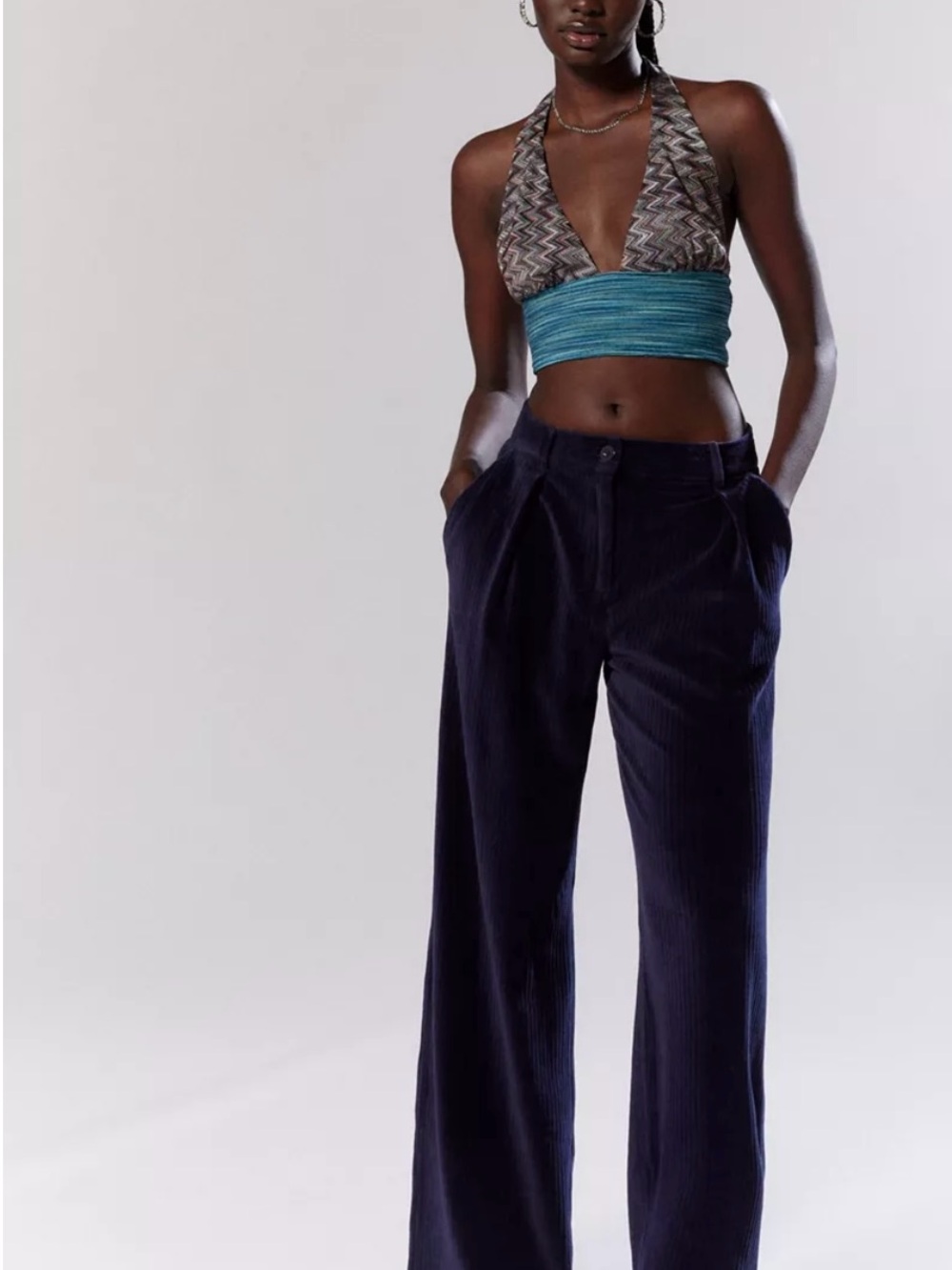 Urban Outfitters Blue Multicolor Plunge Halter Crop Top